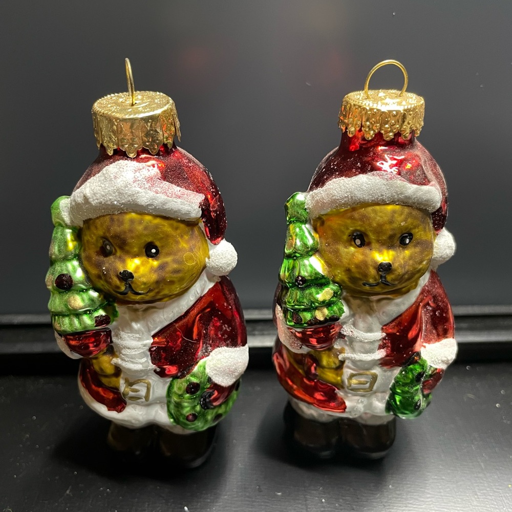 Glass Vintage Pair Of Santa Bears 4” Ornaments By G&D Xmas Tree & Wreath
